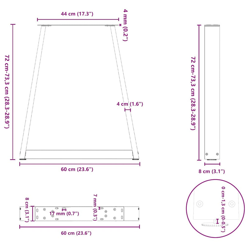 vidaXL Dining Table Legs V-Shape 2 pcs Black 60x(72-73.3) cm Steel