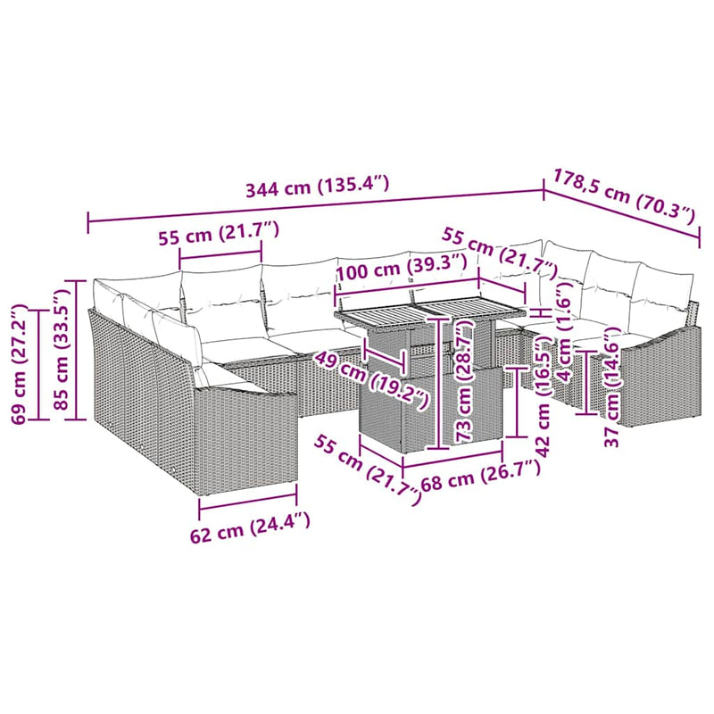 vidaXL Garden Dining Set Manual 11 pcs Grey and Brown 100 x 55 x 73 cm