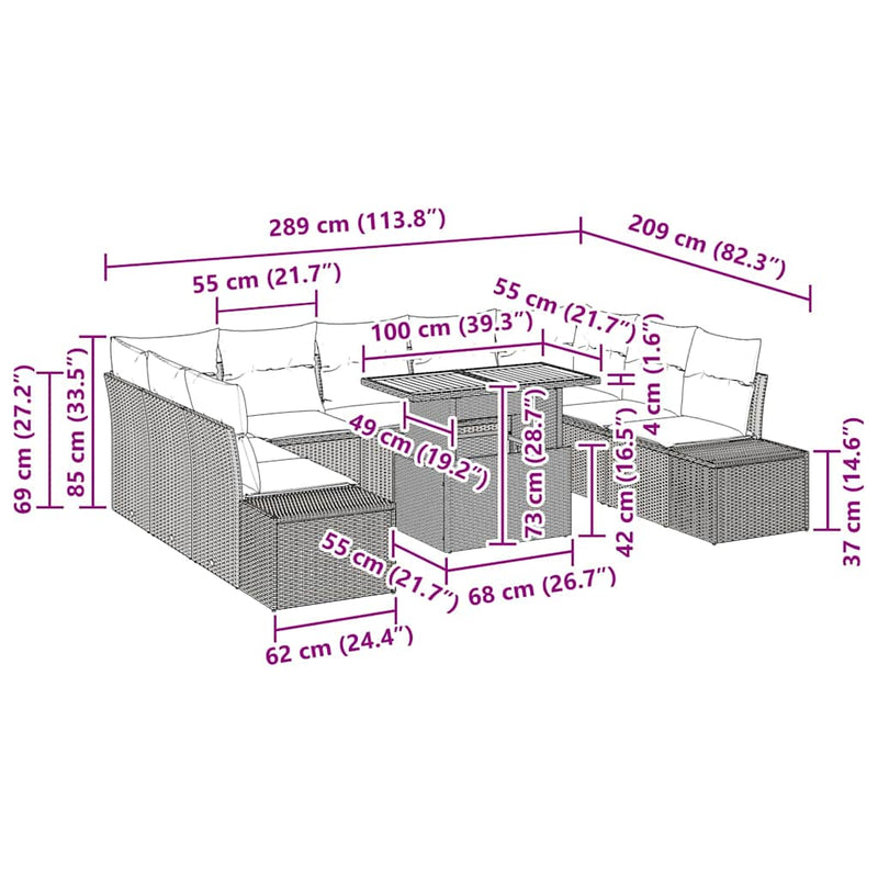 vidaXL Garden Dining Set 10 pcs Black and Brown 100 x 55 x 73 cm