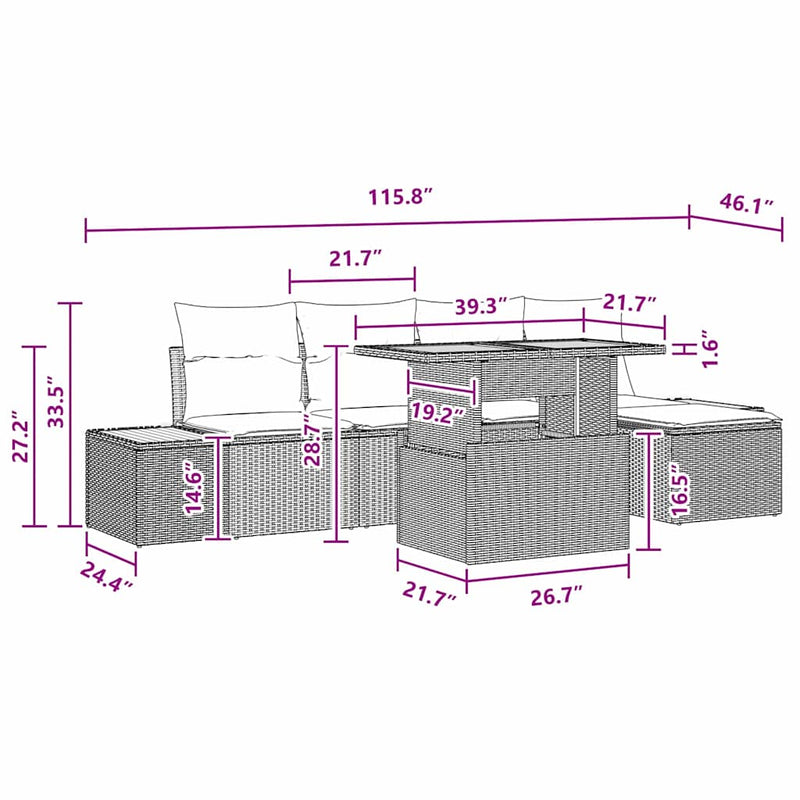 vidaXL Garden Dining Set with Cushion 6 pcs Black and Brown