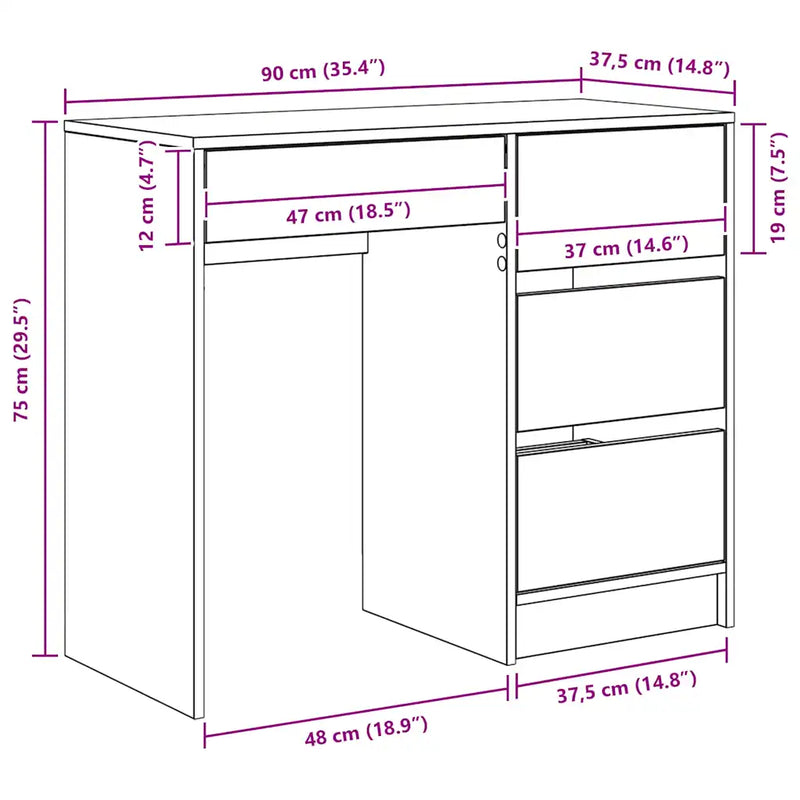 Desk White Engineered Wood 90 x 37.5 x 75 cm