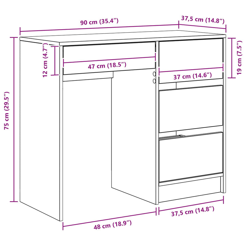 Desk White Engineered Wood 90 x 37.5 x 75 cm