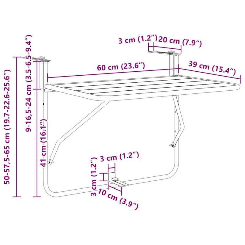 vidaXL Hanging Balcony Table Black 60 x 39 x 65 cm Steel