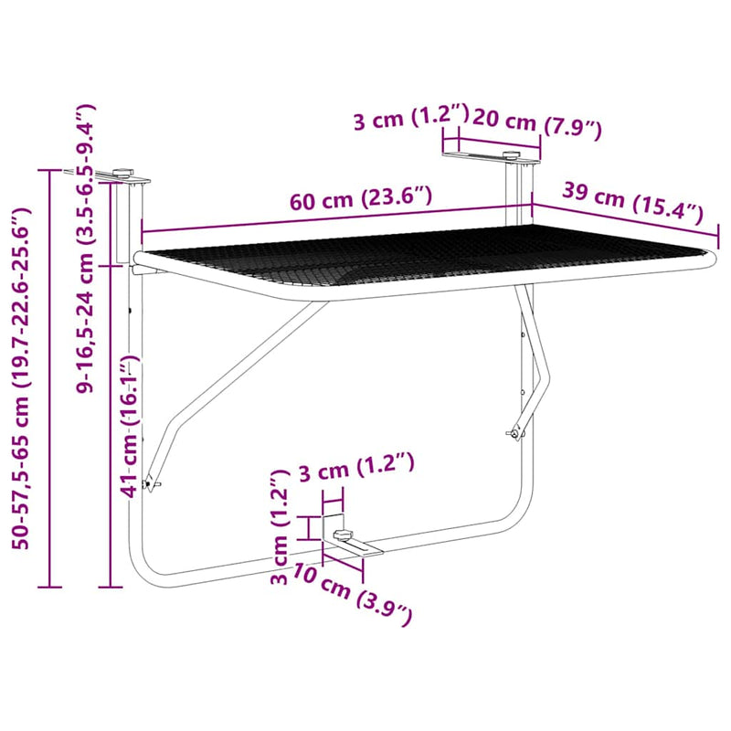 vidaXL Hanging Balcony Table Mustard 60 x 39 x 65 cm Steel
