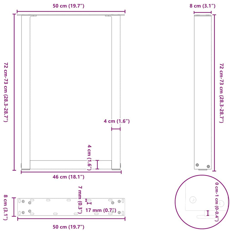 vidaXL Dining Table Legs U-Shaped 2 pcs Black 50x(72-73) cm Steel