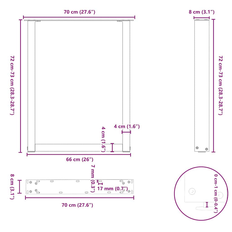 vidaXL Dining Table Legs U-Shaped 2 pcs Black 70x(72-73) cm Steel