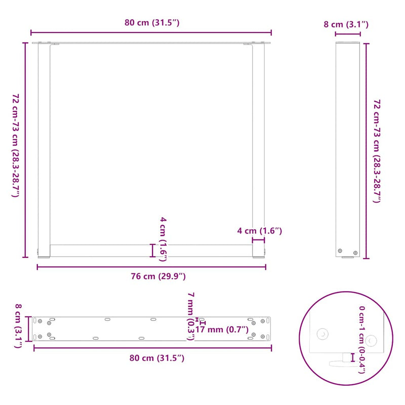 vidaXL Dining Table Legs U-Shaped 2 pcs Black 80x(72-73) cm Steel