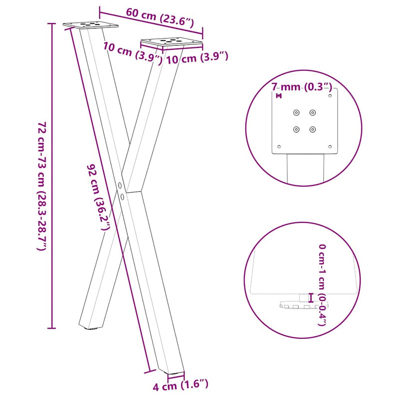 vidaXL Dining Table Legs X-Shaped 2 pcs Black 57x(72-73) cm Steel