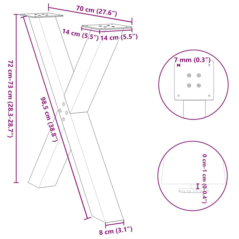 vidaXL Dining Table Legs X-Shaped 2 pcs Black 70x(72-73) cm Steel