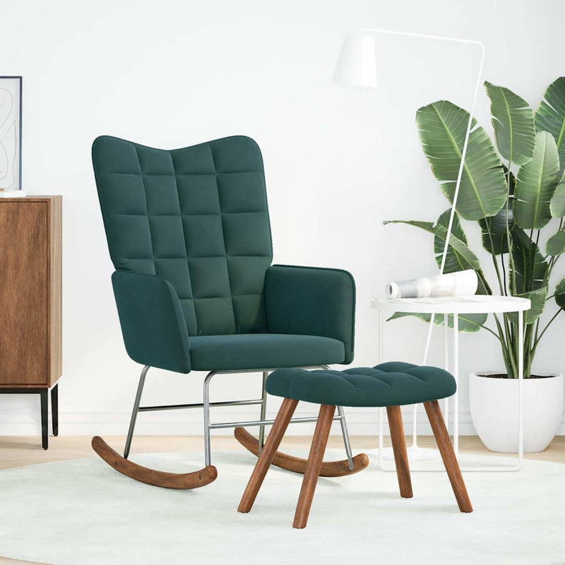 vidaXL Rocking Chair with Stool Dark Green Velvet