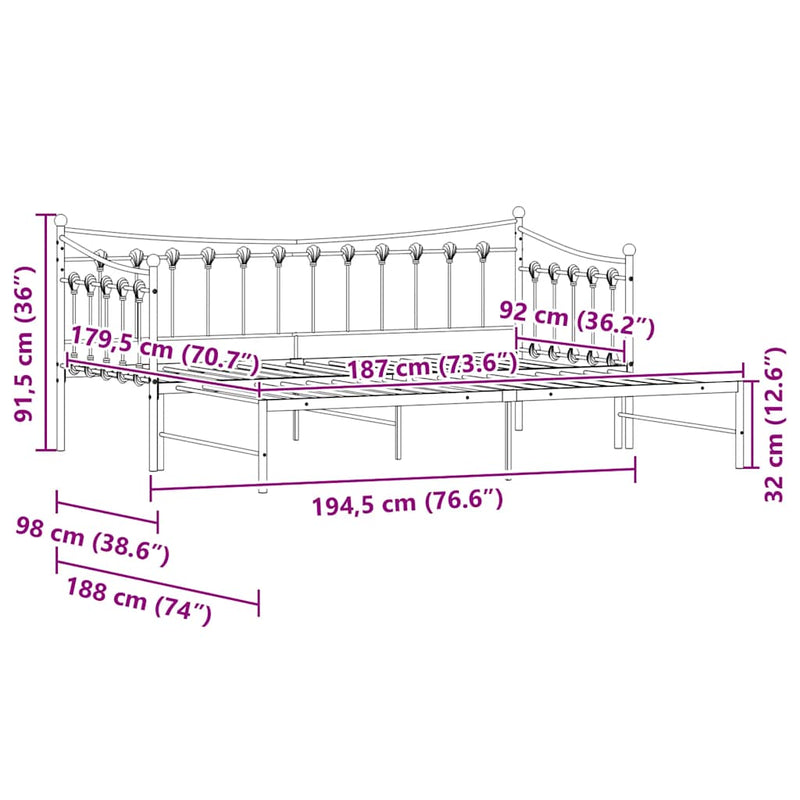 vidaXL Daybed with Trundle without Mattress White 92x187 cm Single Metal