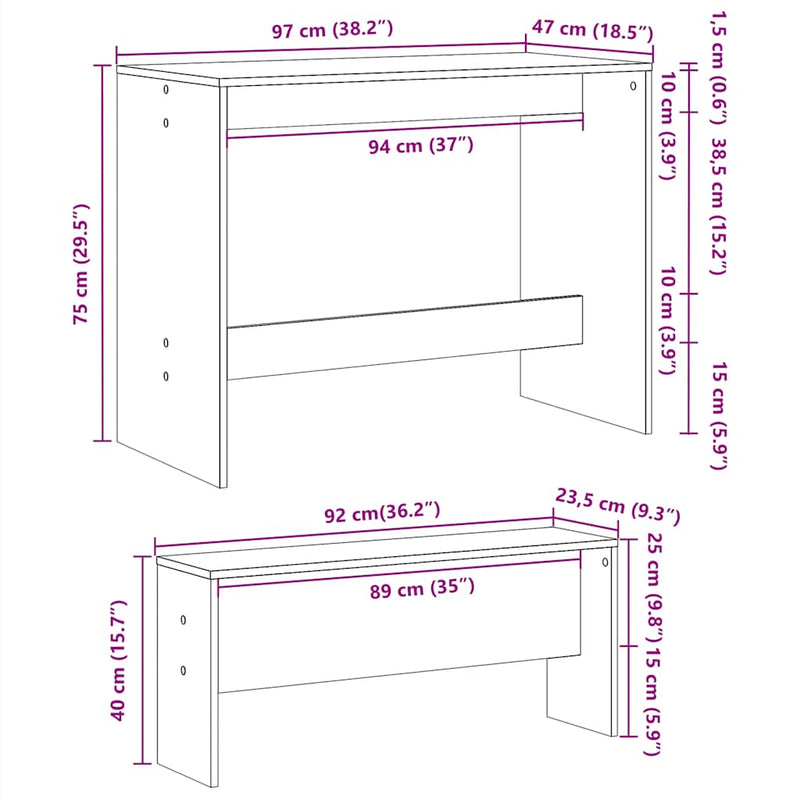 vidaXL 3 Piece Dining Table and Bench Set White Engineered Wood