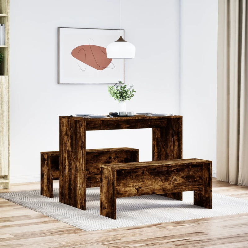 vidaXL 3 Piece Dining Table and Bench Set Smoked Oak Engineered Wood