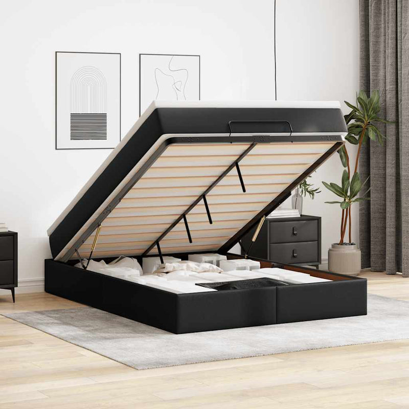 vidaXL Ottoman Bed with Mattress Black Queen Faux Leather