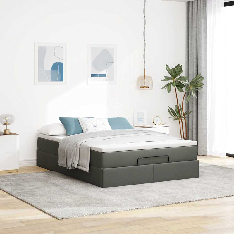 Ottoman Bed with Mattress Dark Grey Queen Fabric