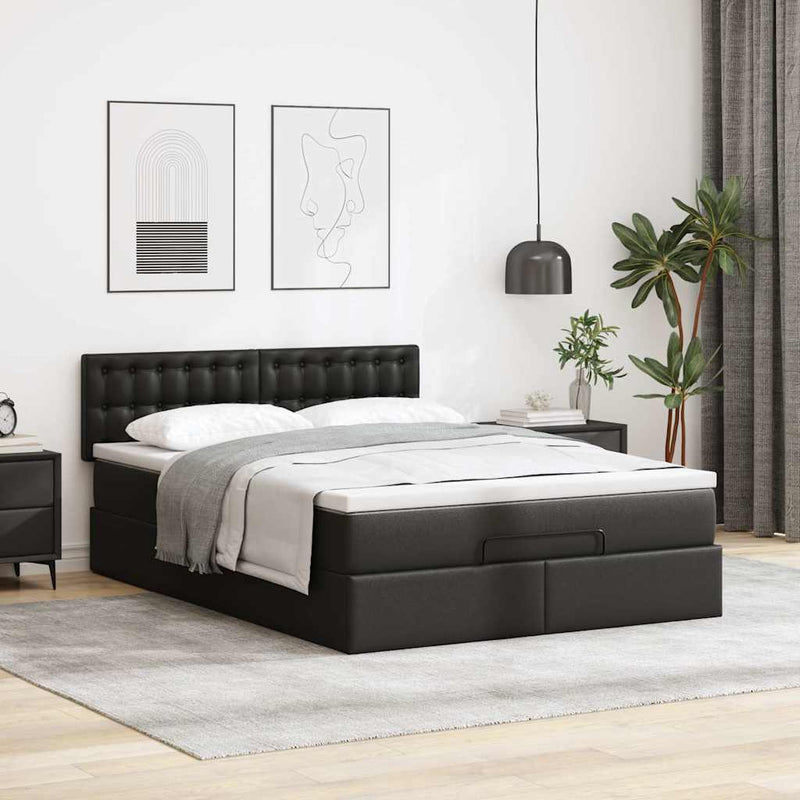 vidaXL Ottoman Bed with Mattresses & LEDs Black Queen Faux Leather