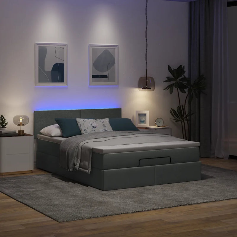 Ottoman Bed with Mattress & LEDs Dark Grey Queen Fabric
