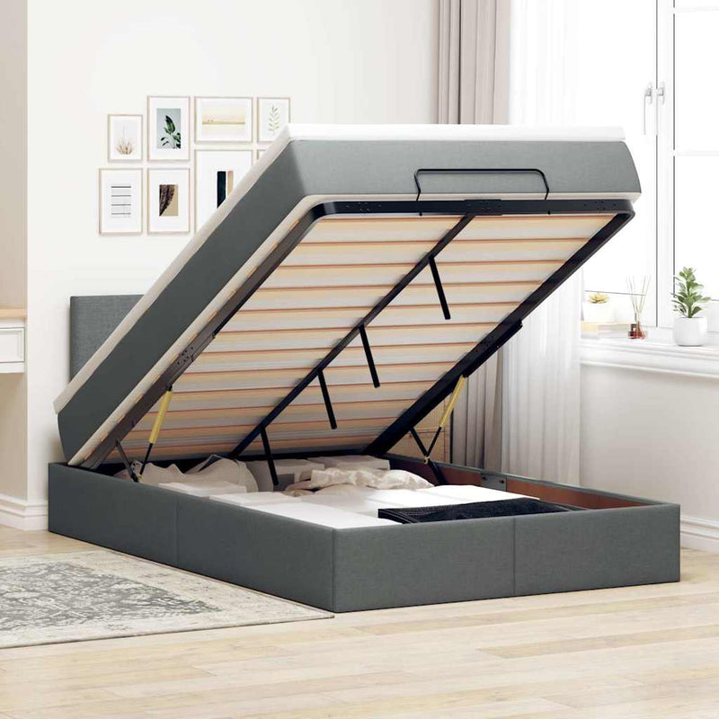 vidaXL Ottoman Bed with Mattress & LEDs Dark Grey King Single Fabric
