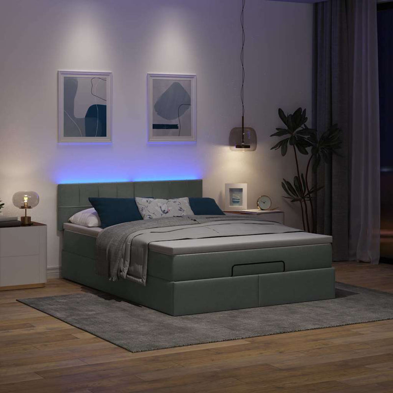 vidaXL Ottoman Bed with Mattress & LEDs Dark Grey Queen Fabric