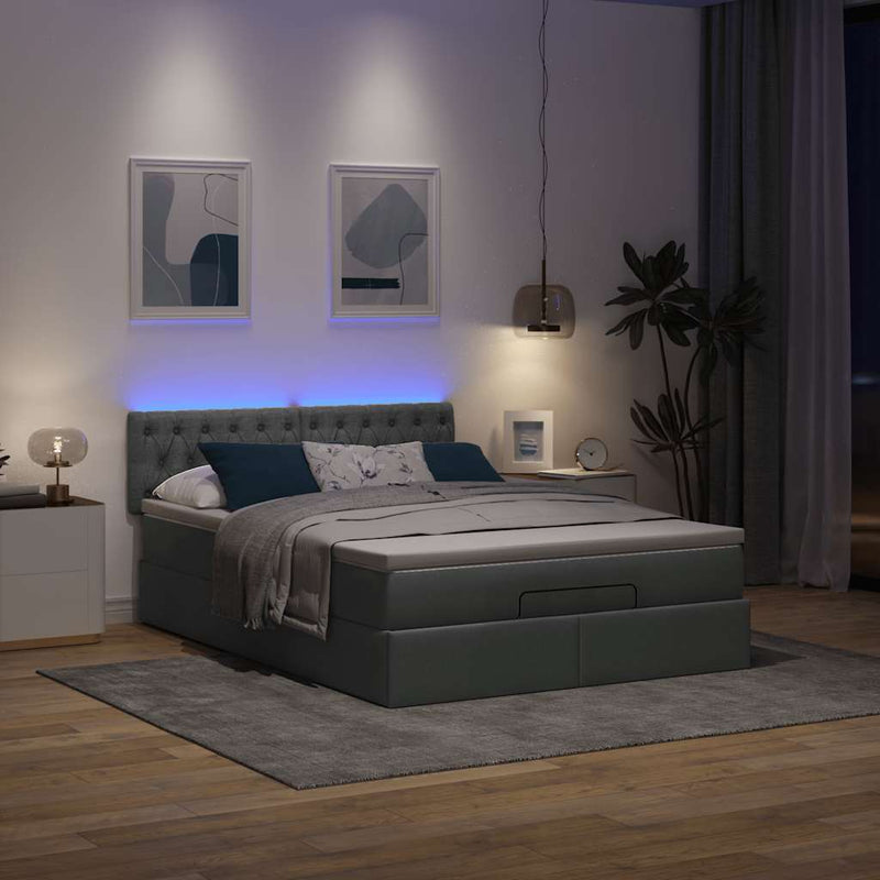 vidaXL Ottoman Bed with Mattress & LEDs Dark Grey Queen Fabric