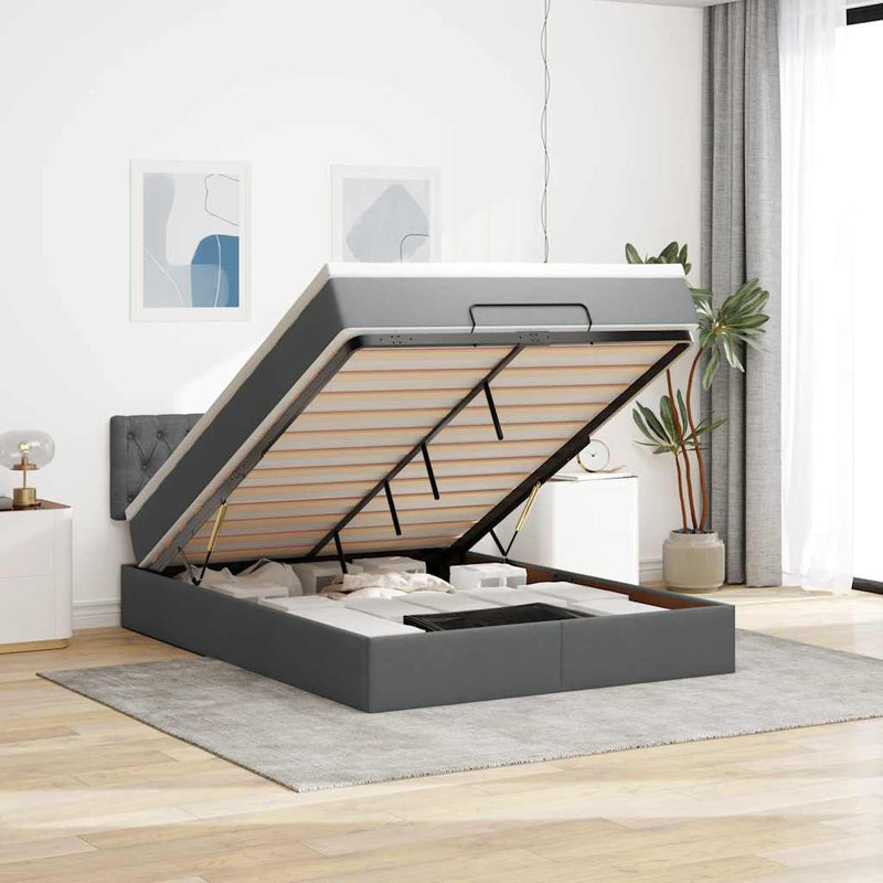 vidaXL Ottoman Bed with Mattress & LEDs Dark Grey Queen Fabric