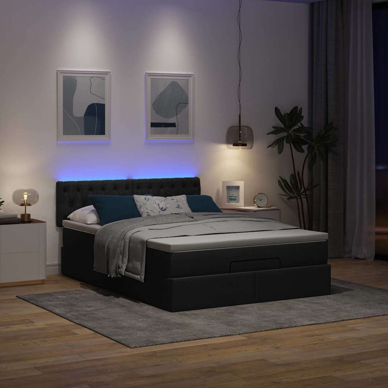 vidaXL Ottoman Bed with Mattress & LEDs Black Queen Fabric