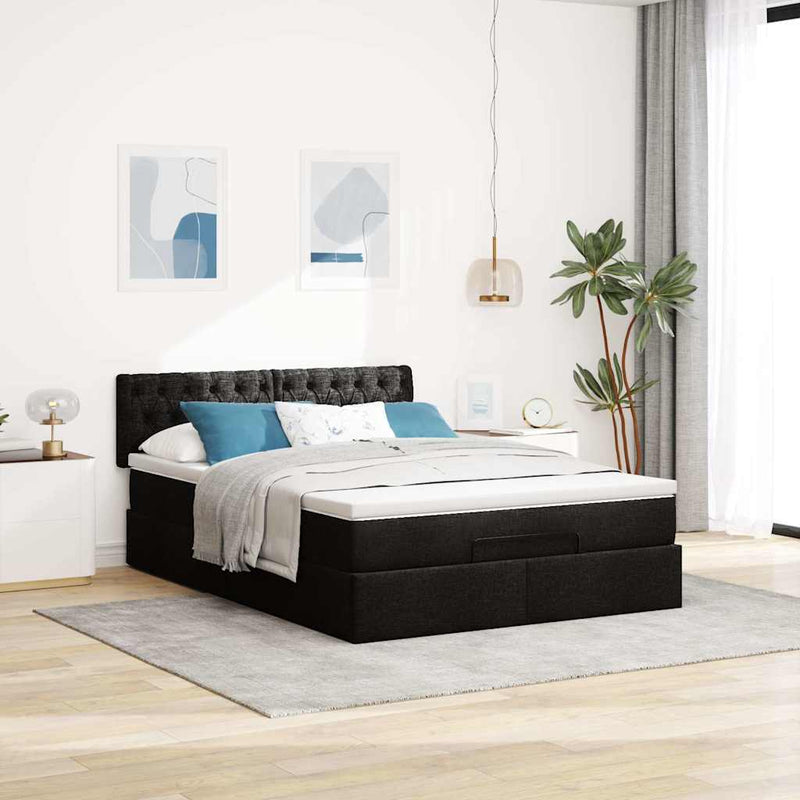 vidaXL Ottoman Bed with Mattress & LEDs Black Queen Fabric