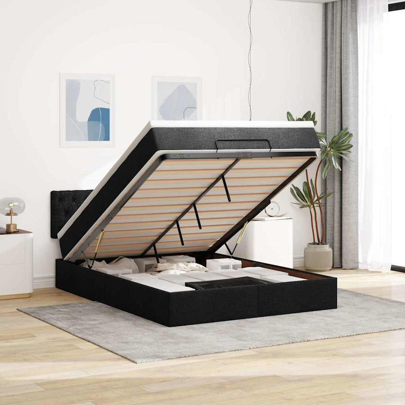 vidaXL Ottoman Bed with Mattress & LEDs Black Queen Fabric
