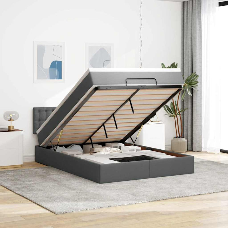 vidaXL Ottoman Bed with Mattress & LEDs Dark Grey Queen Fabric