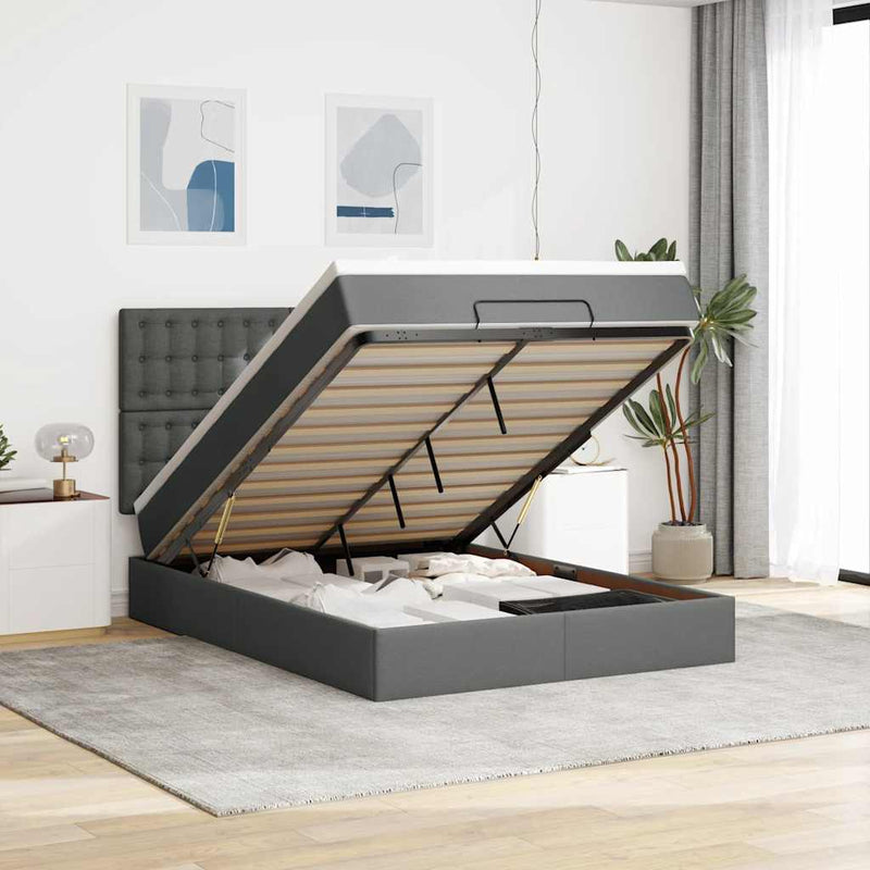 vidaXL Ottoman Bed with Mattress Dark Grey Queen Fabric
