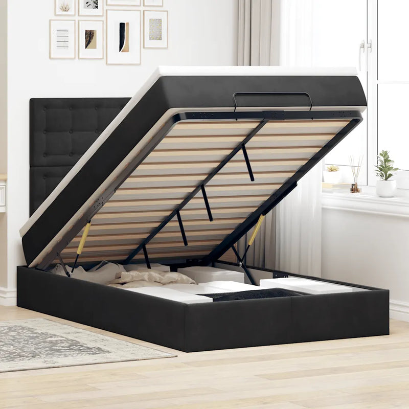 Ottoman Bed with Mattresses Black King Single Velvet
