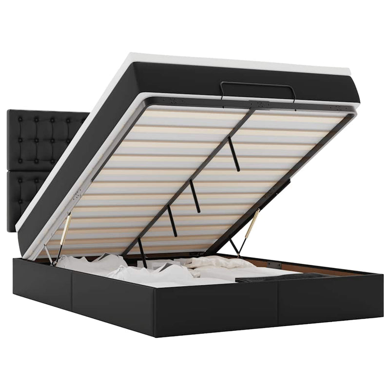vidaXL Ottoman Bed with Mattress & LEDs Black Queen Faux Leather