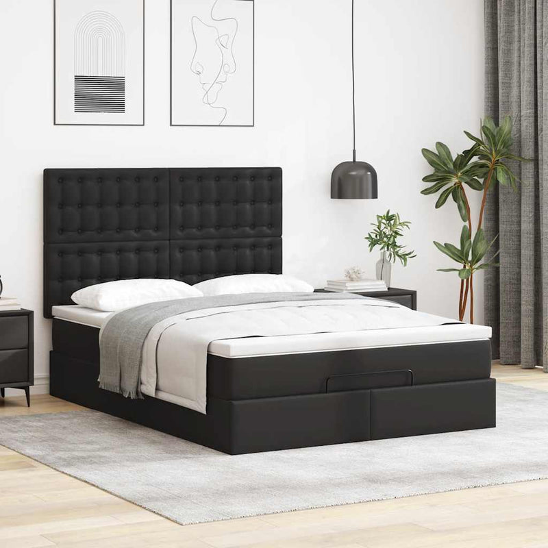 vidaXL Ottoman Bed with Mattress & LEDs Black Queen Faux Leather