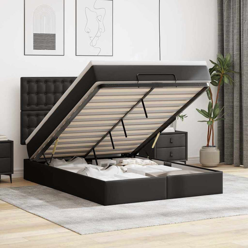 vidaXL Ottoman Bed with Mattress & LEDs Black Queen Faux Leather