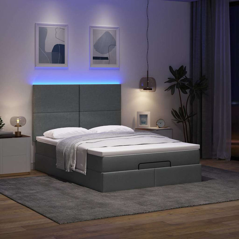 vidaXL Ottoman Bed with Mattress & LEDs Dark Grey Queen Fabric