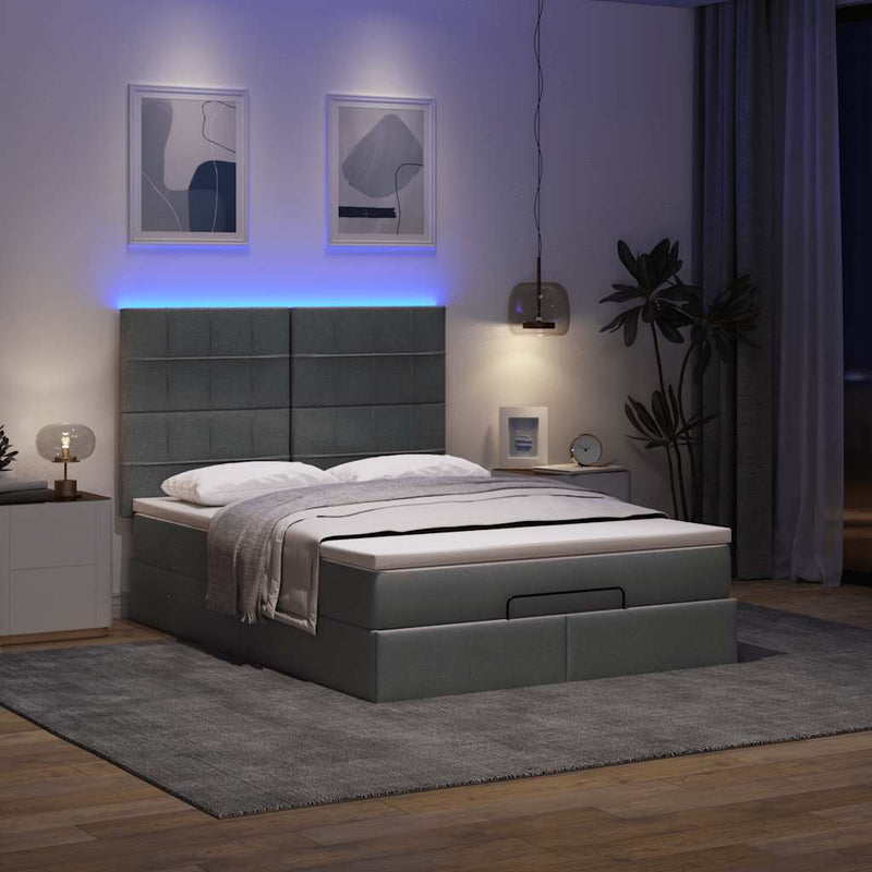 vidaXL Ottoman Bed with Mattress & LEDs Dark Grey Queen Fabric