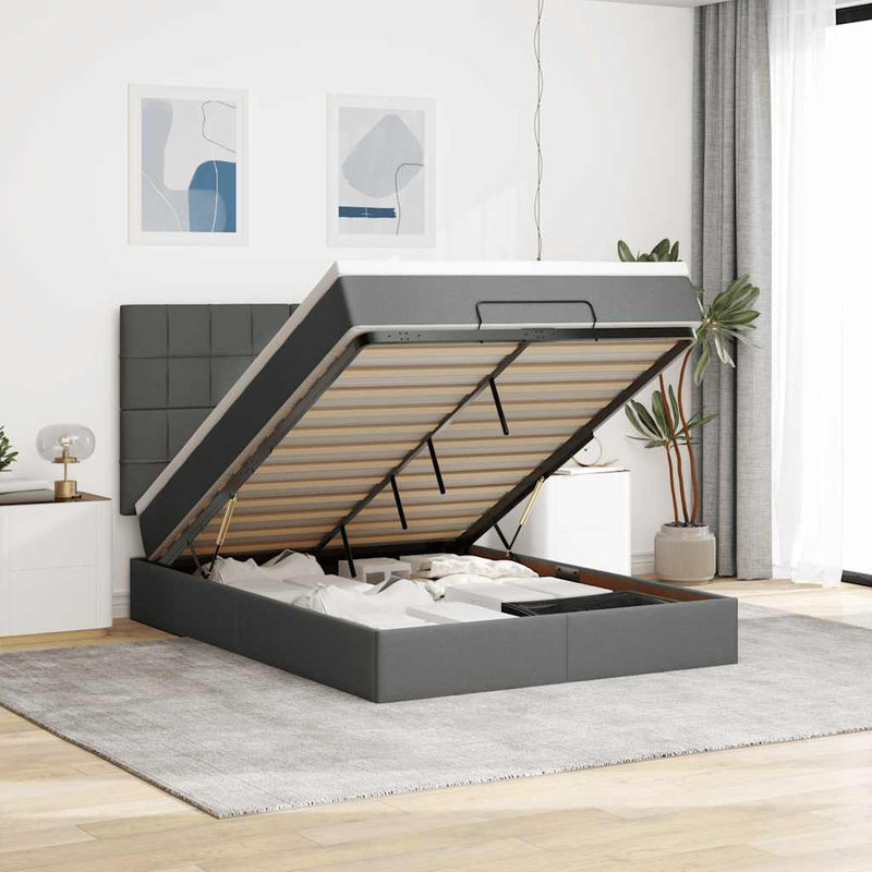 vidaXL Ottoman Bed with Mattress & LEDs Dark Grey Queen Fabric