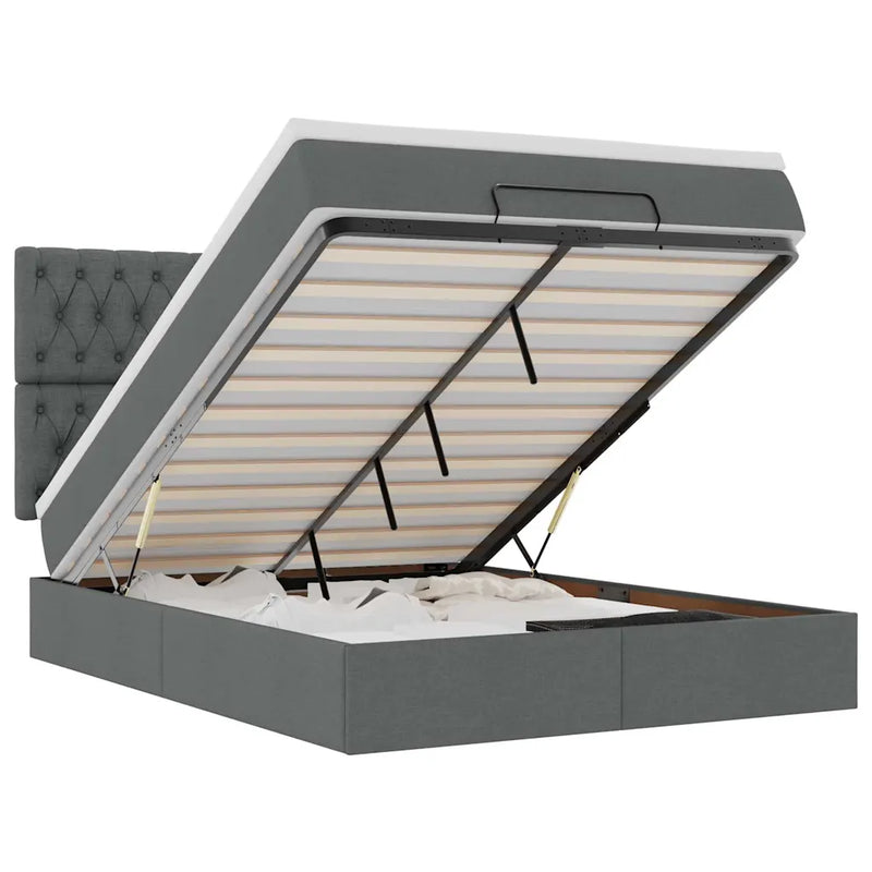 Ottoman Bed with Mattress & LEDs Dark Grey Queen Fabric