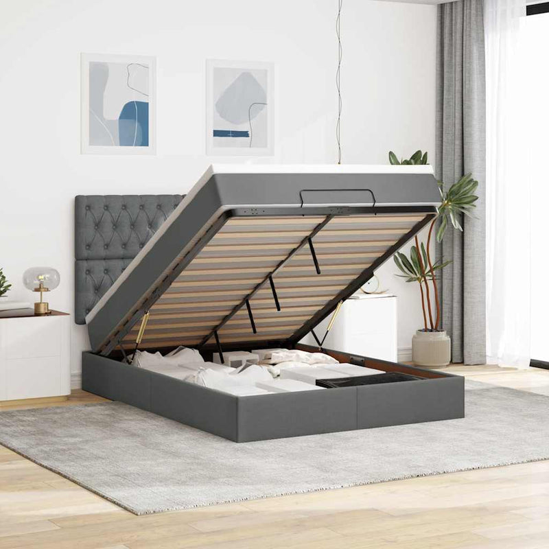 vidaXL Ottoman Bed with Mattress & LEDs Dark Grey Queen Fabric