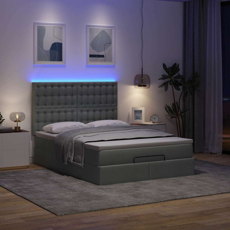 vidaXL Ottoman Bed with Mattress & LEDs Dark Grey Queen Fabric