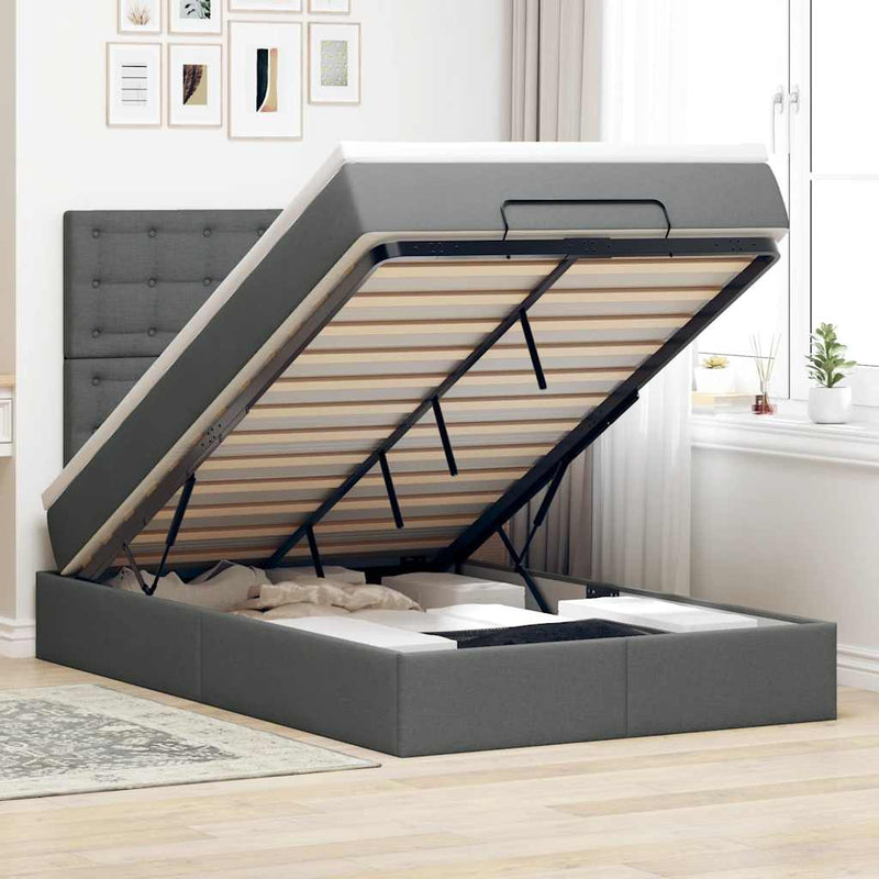 vidaXL Ottoman Bed with Mattress & LEDs Dark Grey King Single Fabric