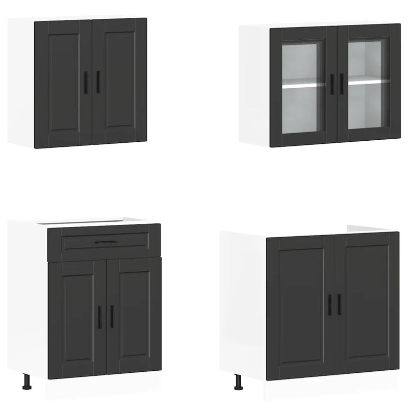 4 Piece Kitchen Cabinet Set "Porto" Black Engineered Wood