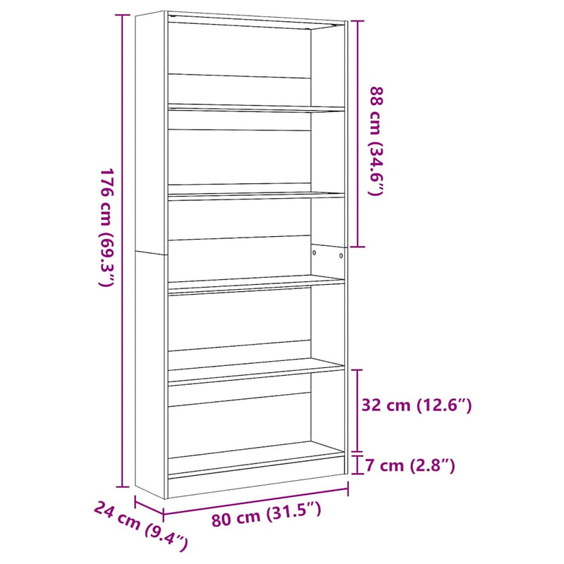 vidaXL Bookcase White 80x24x176 cm Engineered Wood