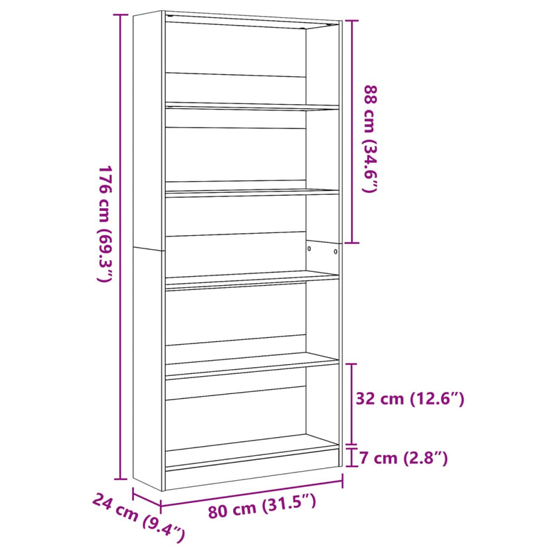 vidaXL Bookcase Sonoma Oak 80x24x176 cm Engineered Wood