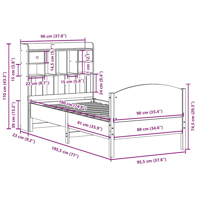 Bookcase Bed without Mattress 90x190cm Solid Wood Pine