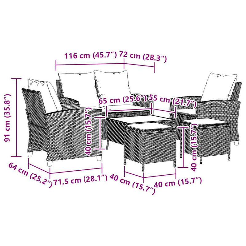 vidaXL 6 Piece Garden Sofa Set with Cushions Grey Poly Rattan