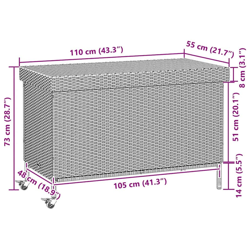 vidaXL Garden Storage Box with Wheels Grey 110x55x73 cm Poly Rattan