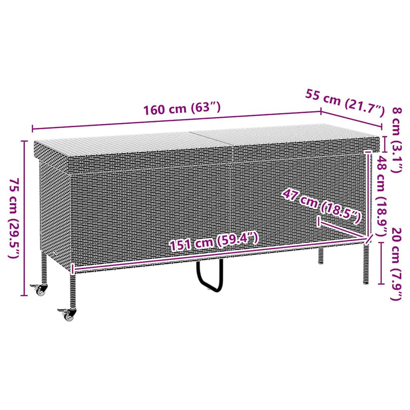 vidaXL Garden Storage Box with Wheels Grey 160x55x75 cm Poly Rattan