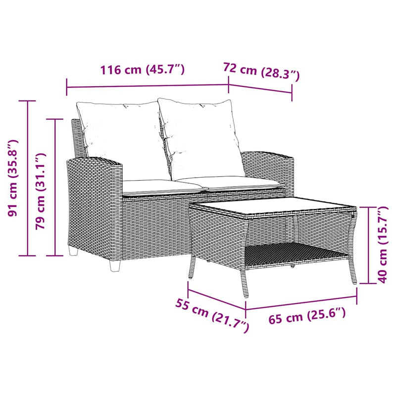 vidaXL Garden Sofa 2-Seater with Cushions&Table Grey Poly Rattan