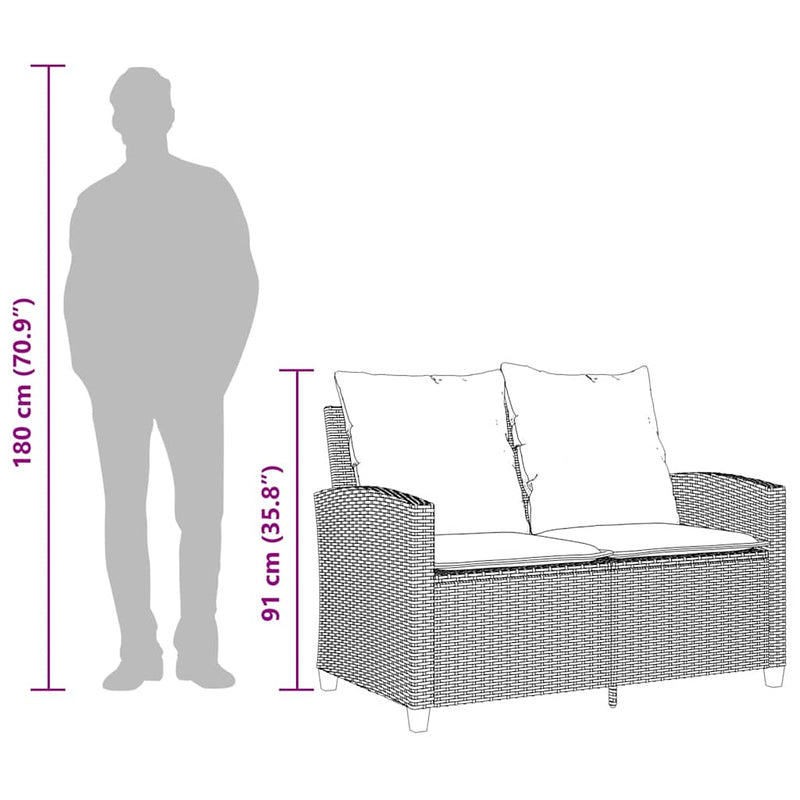 vidaXL Garden Sofa 2-Seater with Cushions&Table Grey Poly Rattan